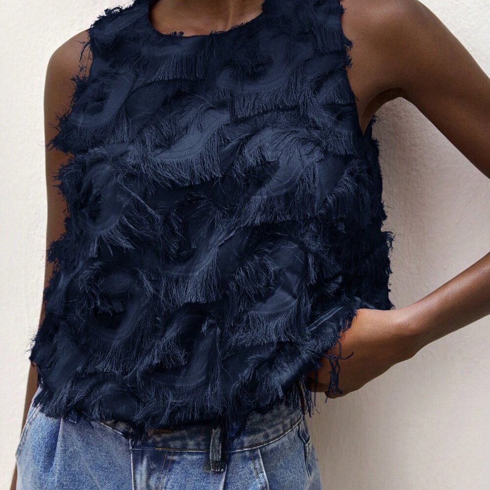 Navy Blue Bohemian Women's Casual Jacquard Camisole Top - Picture 6 of 6